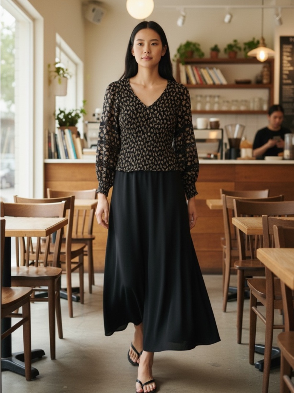 Witchery black and cream paisley top with balloon sleeves crochet trim fitted